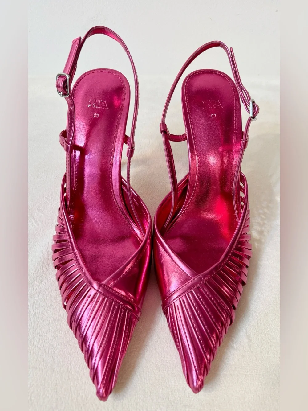 Zara Women’s Pink Metallic Pointy Toe Slingback Pumps Size 39 - Picture 6 of 10